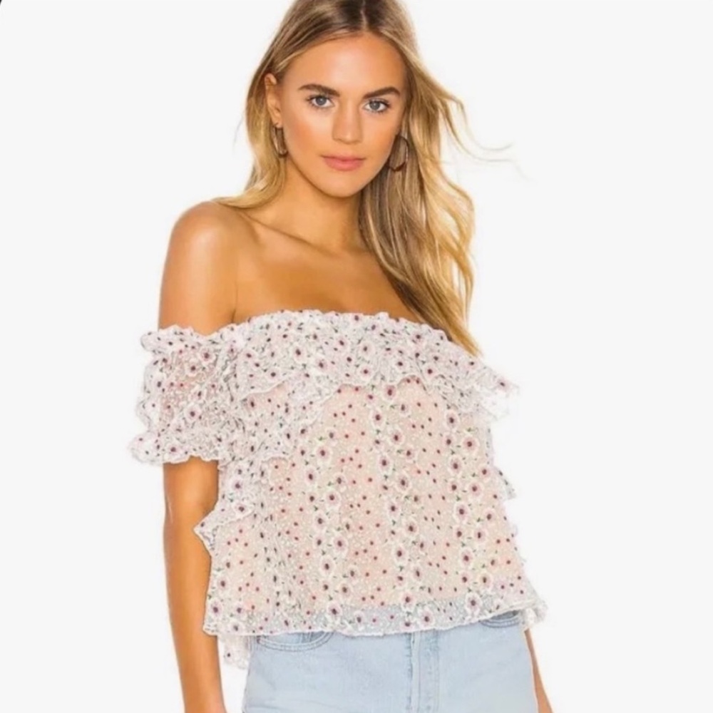 {Tularosa} off shoulder puff sleeve mesh floral blouse top size S